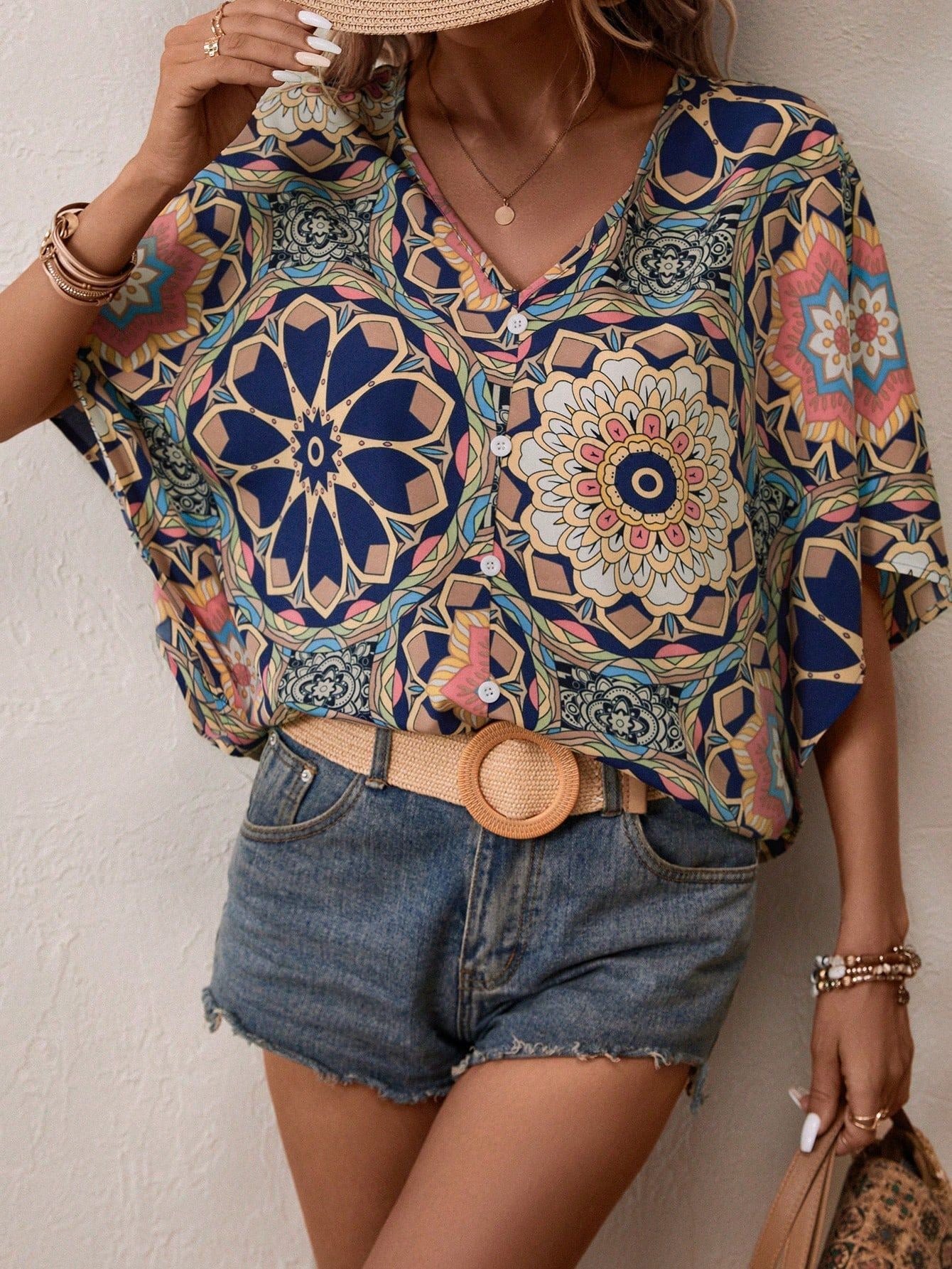 Boho Print V-Neck Short Sleeve Top - Summer Casual — product image