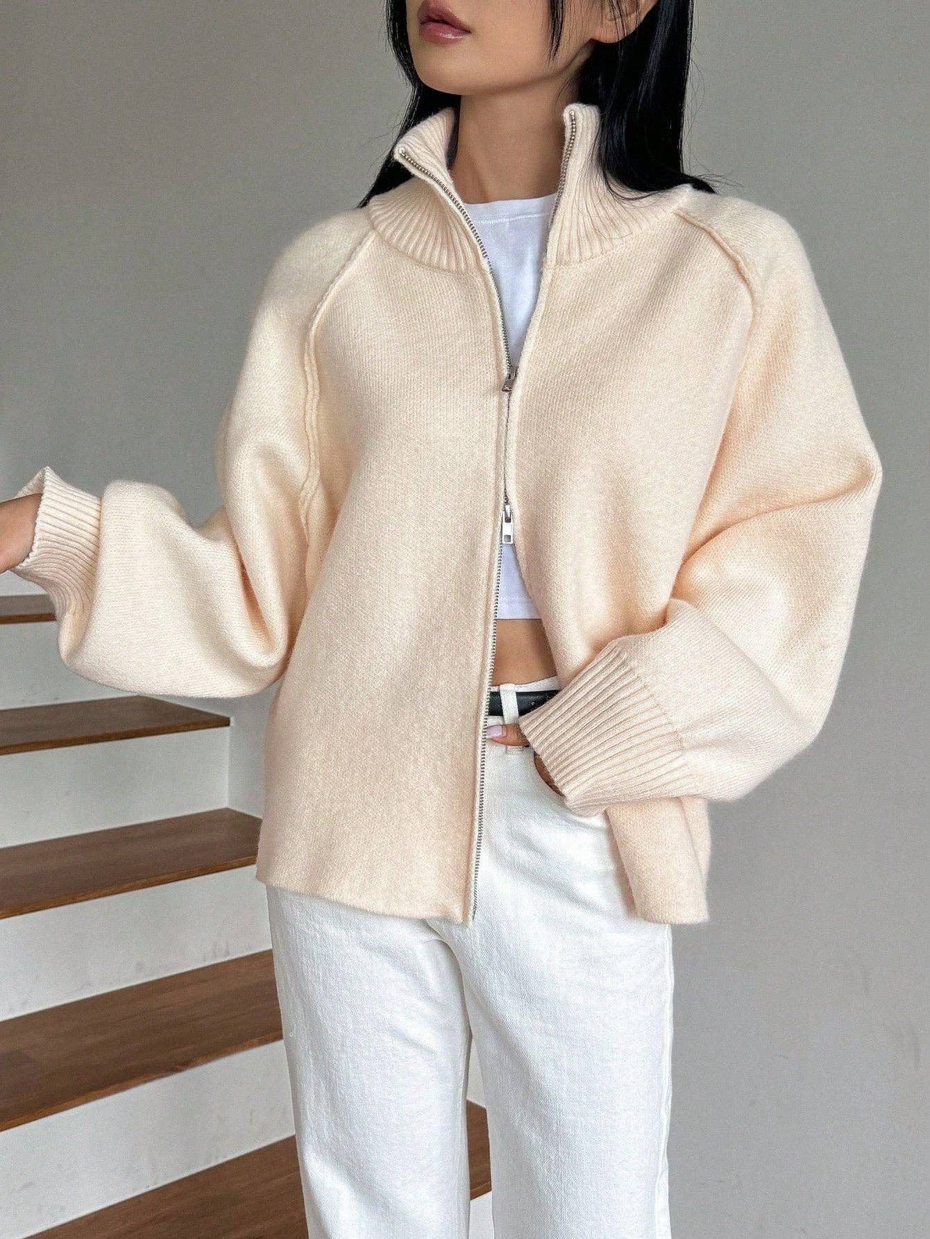 Chic Knit Korean ZipUp Cardigan  2025 Style: Black / One Size (Fits US Men's 8.5-14)