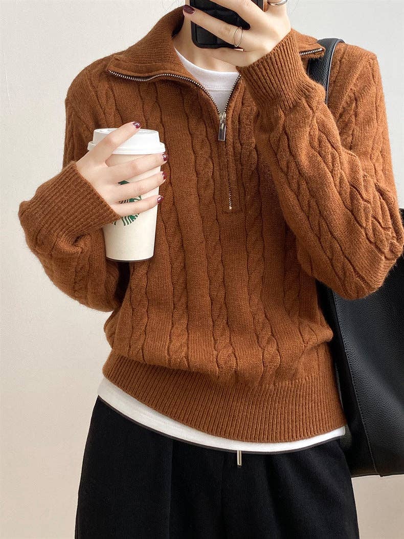 Chic Zip Collar Knit Top Effortless Style Cozy Warmth: Apricot / One Size.