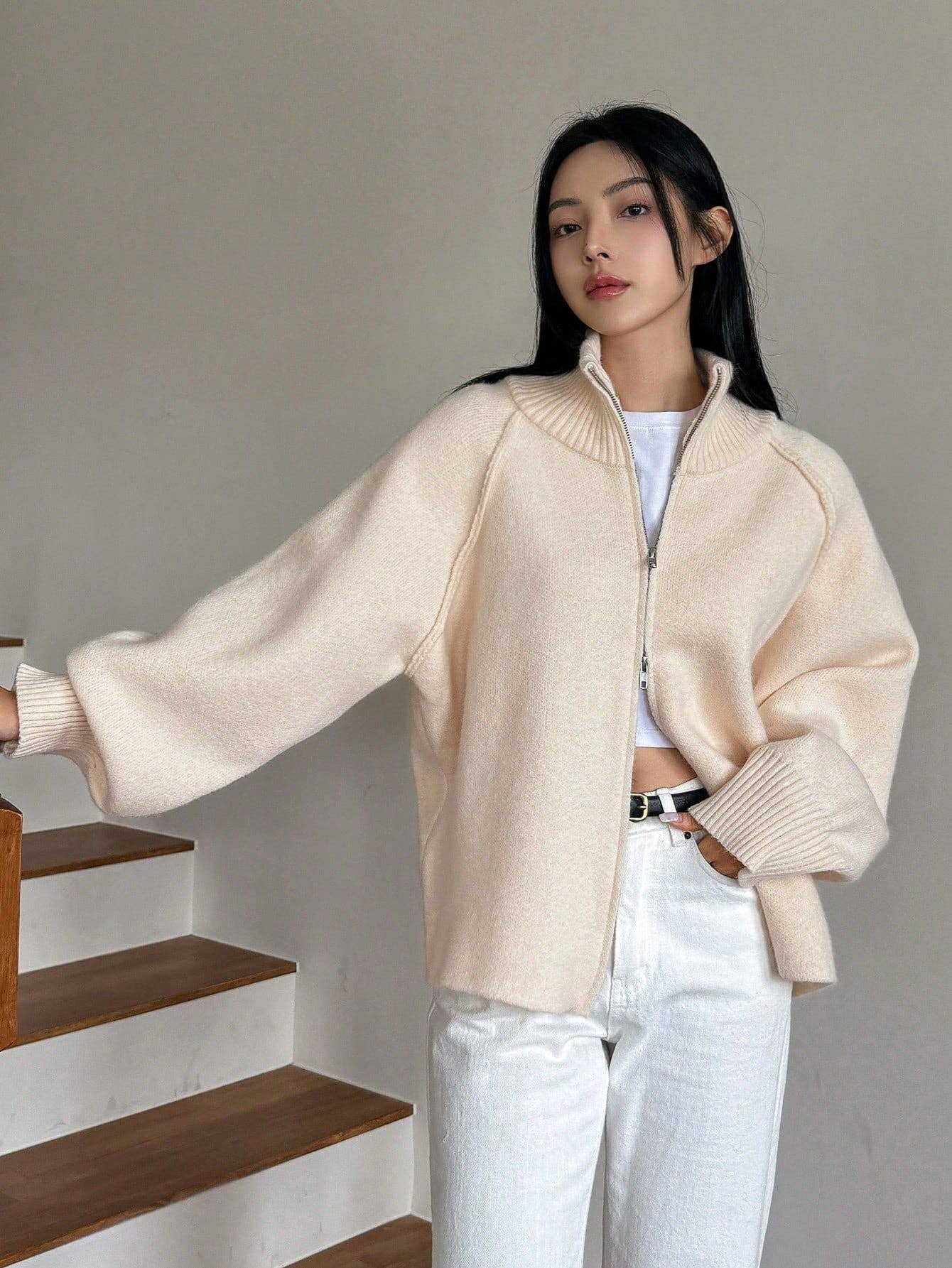 Chic Knit Korean ZipUp Cardigan  2025 Style: Black / One Size (Fits US Men's 8.5-14)