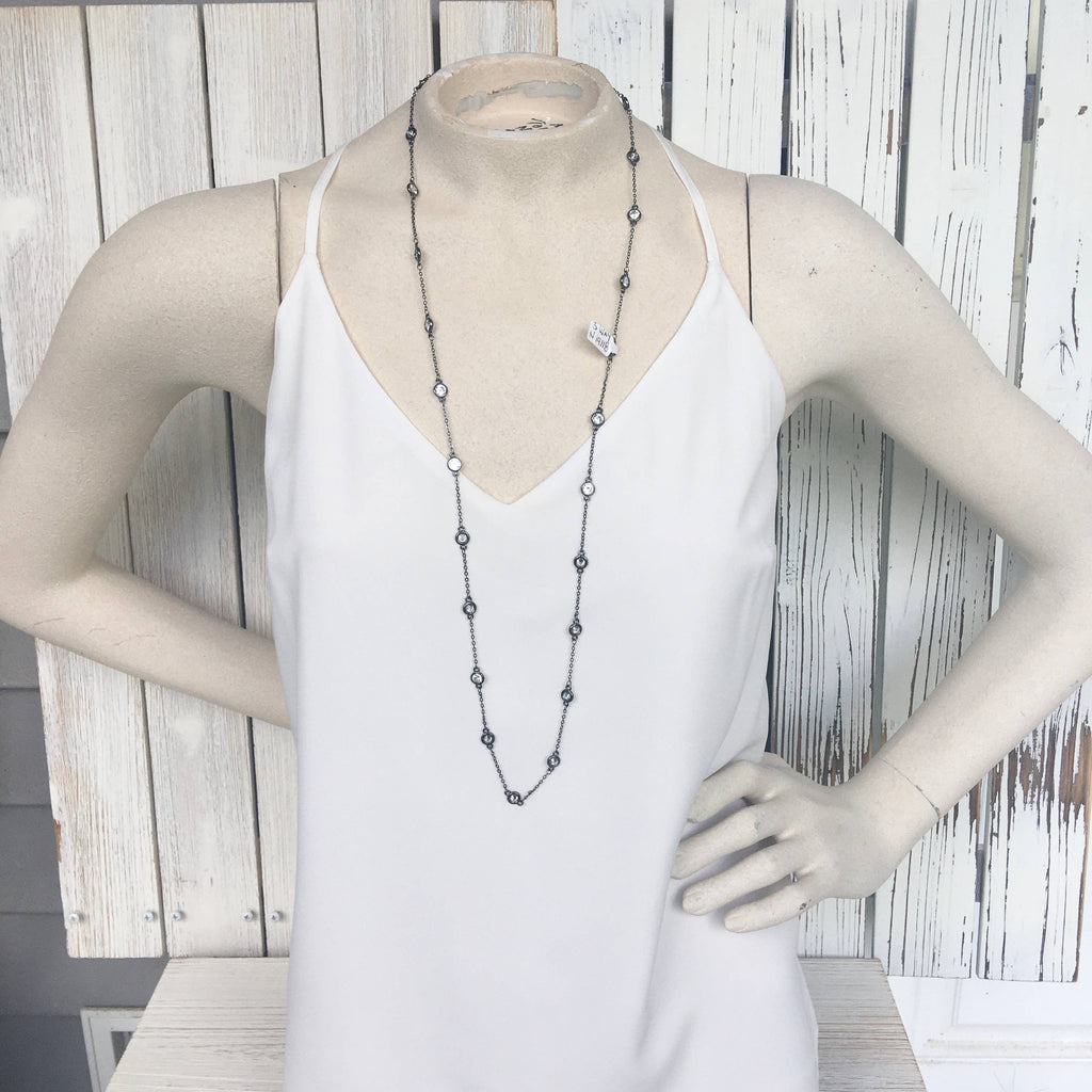 Crystal chain long necklace, wrap, gunmetal, edgy, glam