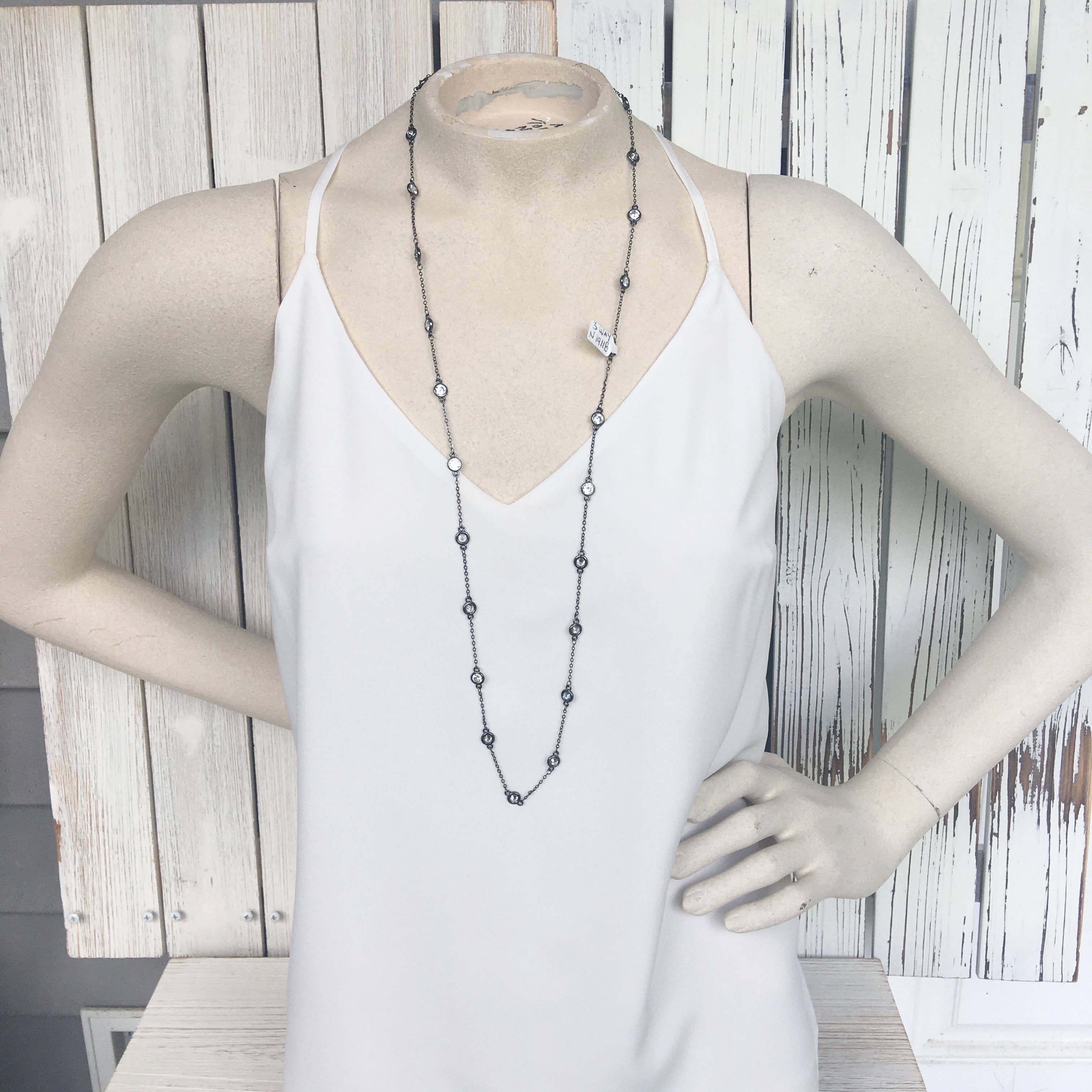 Crystal chain long necklace, wrap, gunmetal, edgy, glam