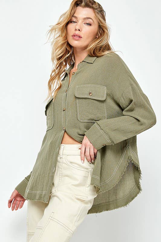 RAYON GAUZE BUTTON DOWN TOP: Olive / Small