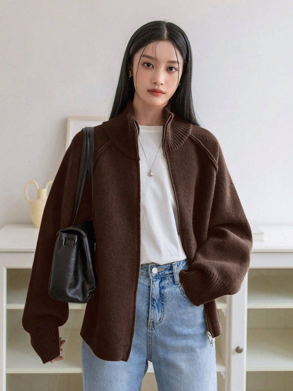 Chic Knit Korean ZipUp Cardigan  2025 Style: Black / One Size (Fits US Men's 8.5-14).