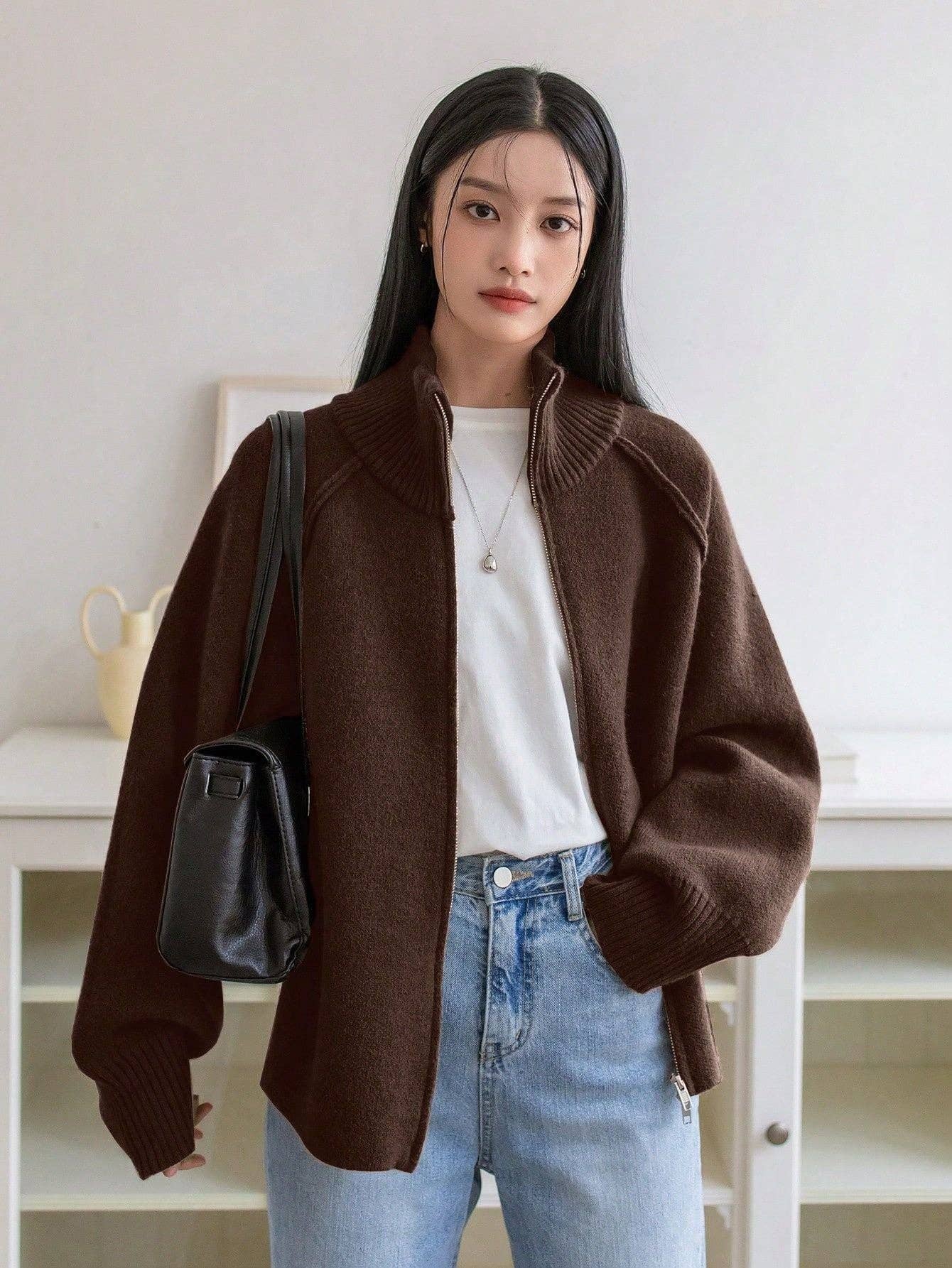 Chic Knit Korean ZipUp Cardigan  2025 Style: Black / One Size (Fits US Men's 8.5-14).