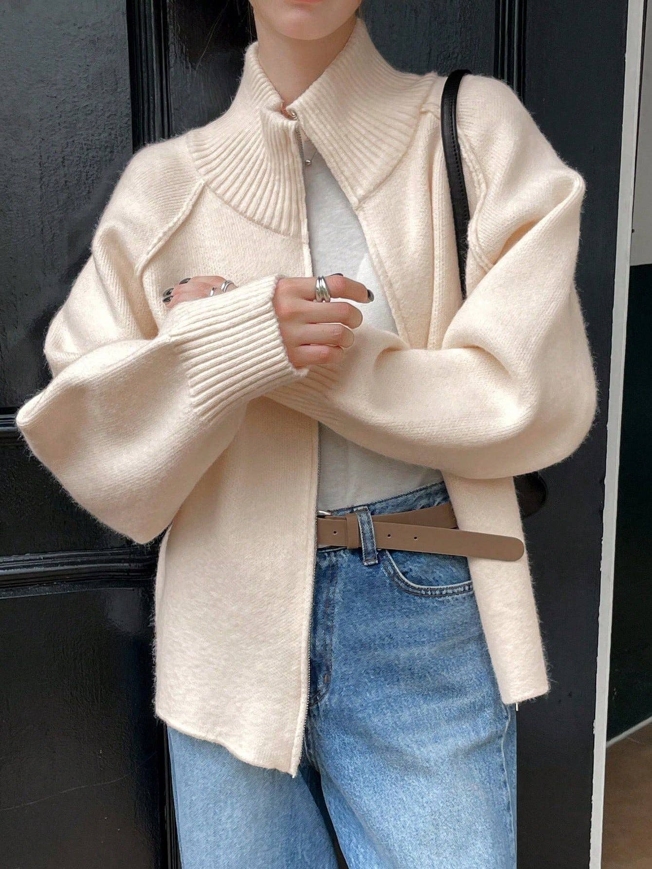 Chic Knit Korean ZipUp Cardigan  2025 Style: Black / One Size (Fits US Men's 8.5-14)