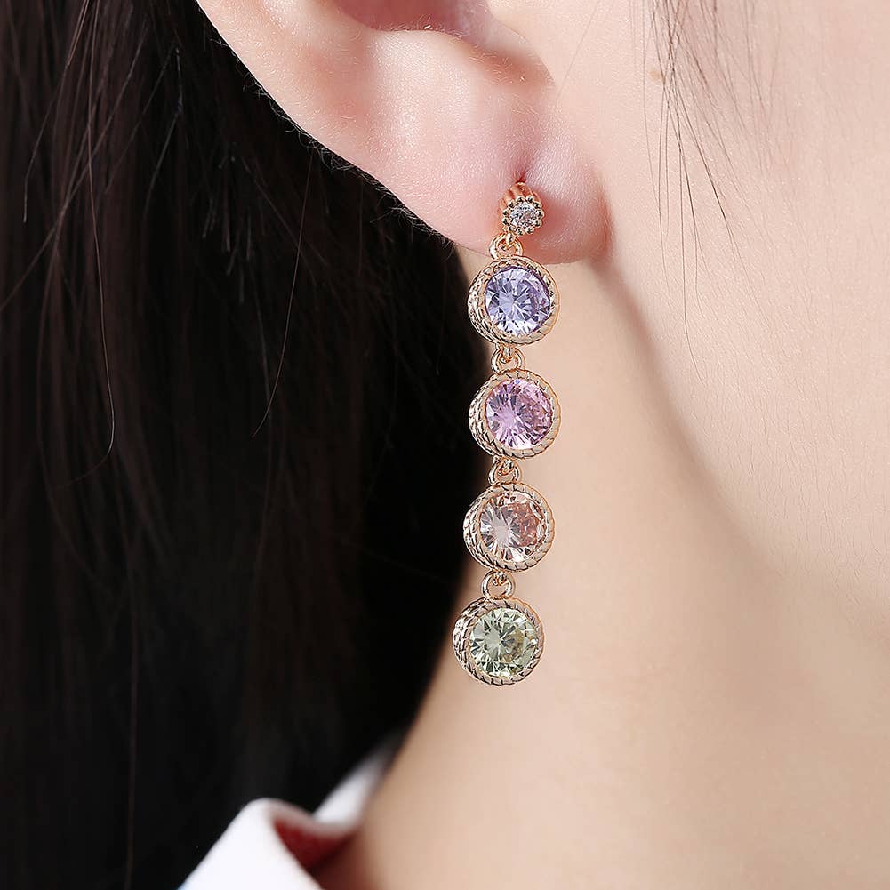 Swarovski Crystal Four Drop Circular Dangling Earrings: Silver