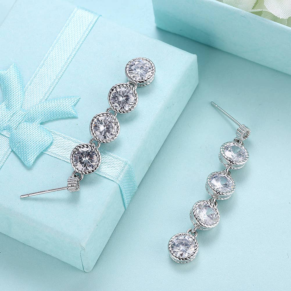 Swarovski Crystal Four Drop Circular Dangling Earrings: Silver