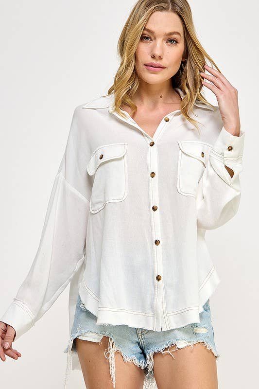 RAYON GAUZE BUTTON DOWN TOP: Olive / Medium