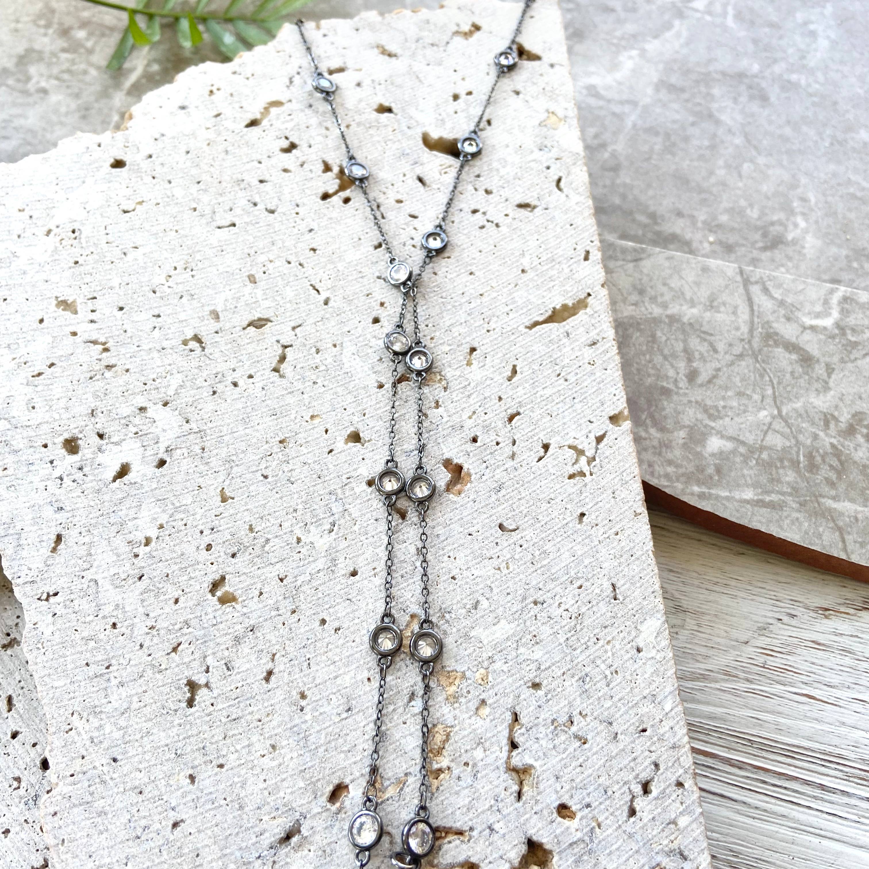 Crystal chain long necklace, wrap, gunmetal, edgy, glam