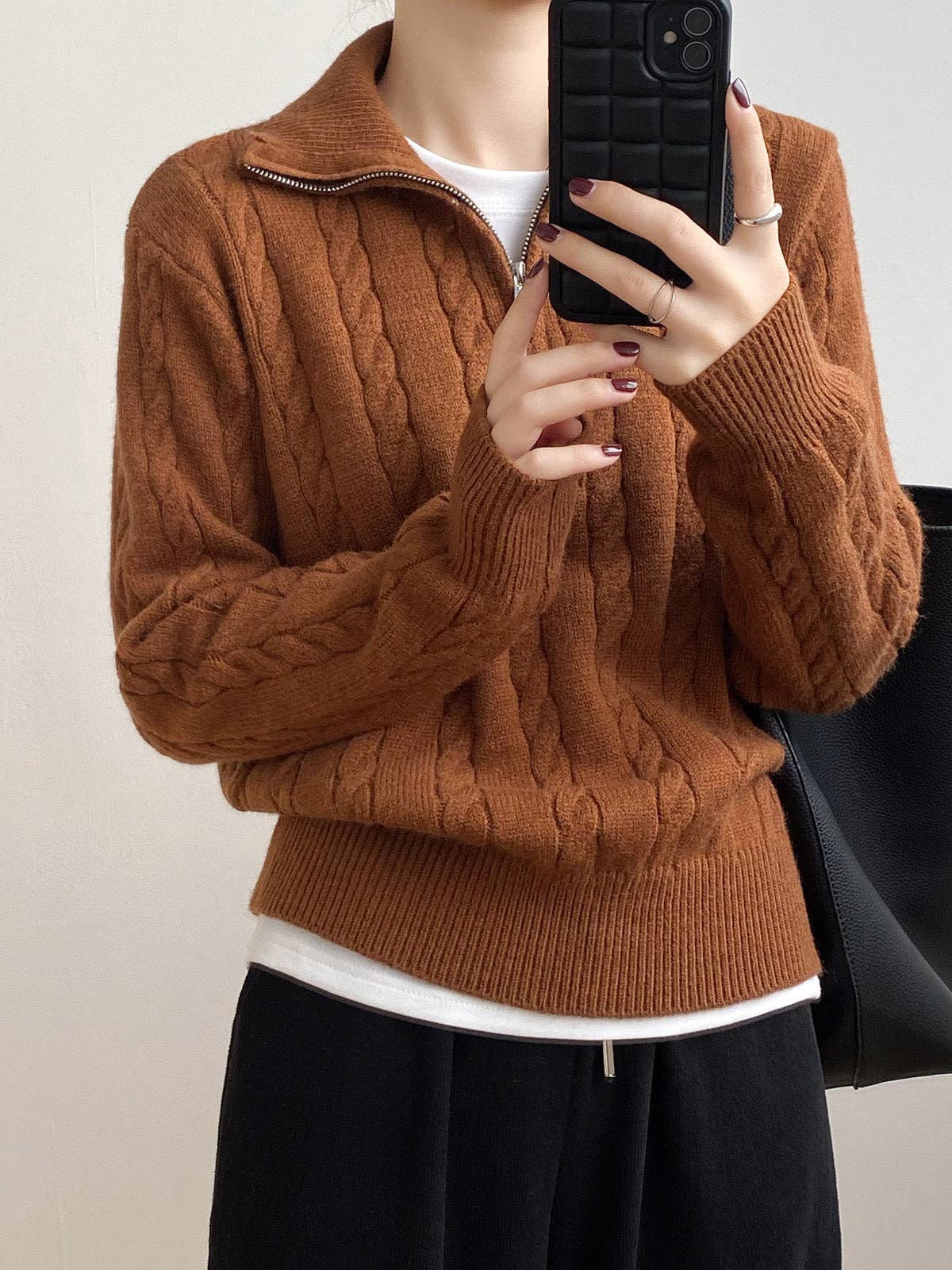 Chic Zip Collar Knit Top Effortless Style Cozy Warmth: Apricot / One Size.