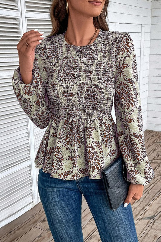 Ethnic Print Balloon Sleeve Smocked Peplum Blouse — product image