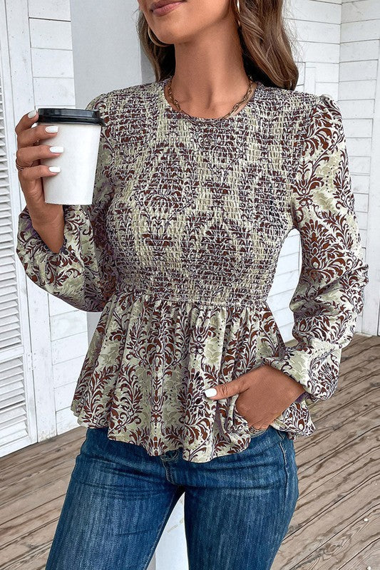 Ethnic Print Balloon Sleeve Smocked Peplum Blouse — product image