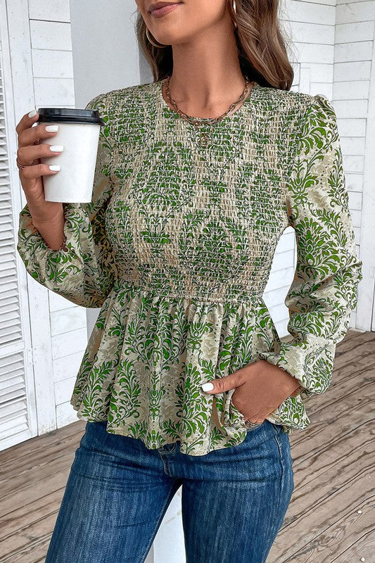 Ethnic Print Balloon Sleeve Smocked Peplum Blouse — product image