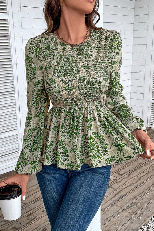 Ethnic Print Balloon Sleeve Smocked Peplum Blouse — product image