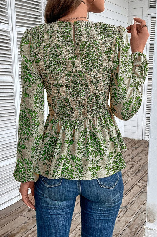 Ethnic Print Balloon Sleeve Smocked Peplum Blouse — product image