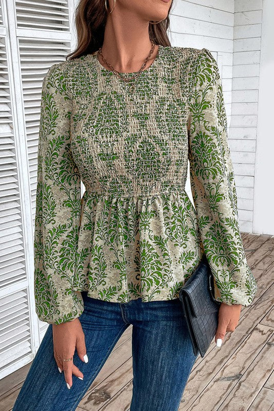 Ethnic Print Balloon Sleeve Smocked Peplum Blouse — product image