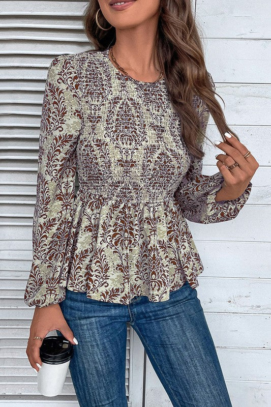 Ethnic Print Balloon Sleeve Smocked Peplum Blouse — product image