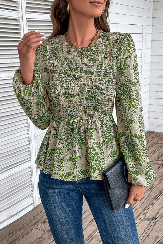Ethnic Print Balloon Sleeve Smocked Peplum Blouse — product image