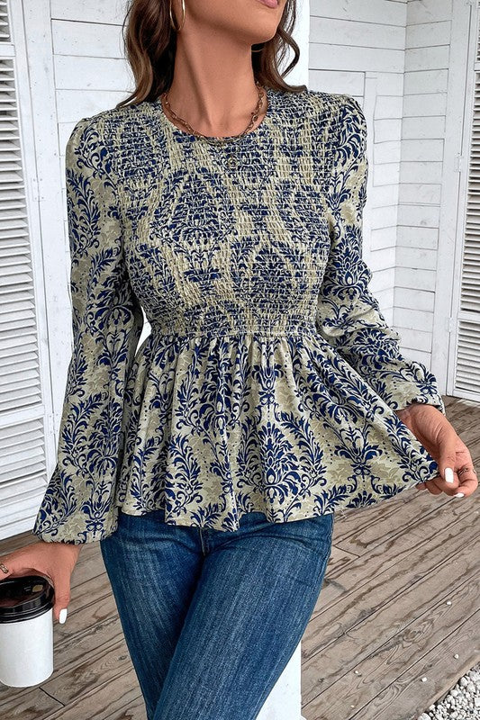 Ethnic Print Balloon Sleeve Smocked Peplum Blouse — product image