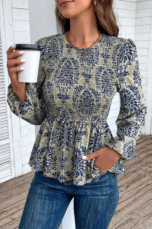 Ethnic Print Balloon Sleeve Smocked Peplum Blouse — product image
