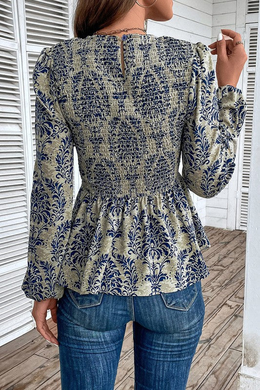 Ethnic Print Balloon Sleeve Smocked Peplum Blouse — product image