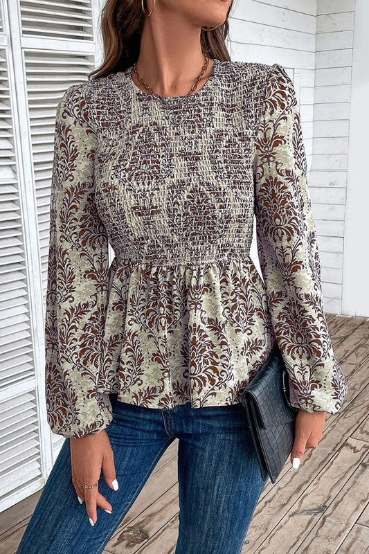 Ethnic Print Balloon Sleeve Smocked Peplum Blouse — product image