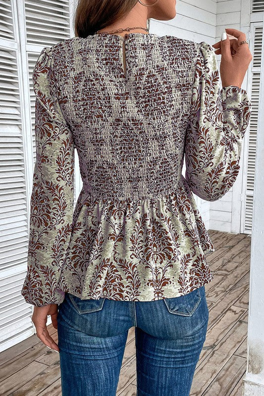 Ethnic Print Balloon Sleeve Smocked Peplum Blouse — product image