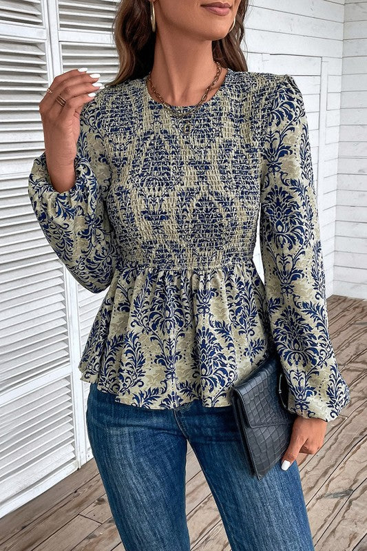 Ethnic Print Balloon Sleeve Smocked Peplum Blouse — product image