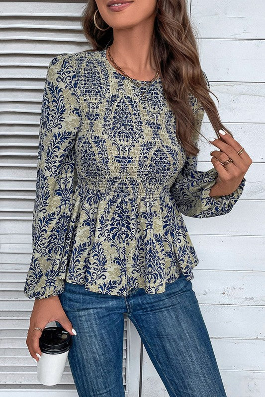 Ethnic Print Balloon Sleeve Smocked Peplum Blouse — product image
