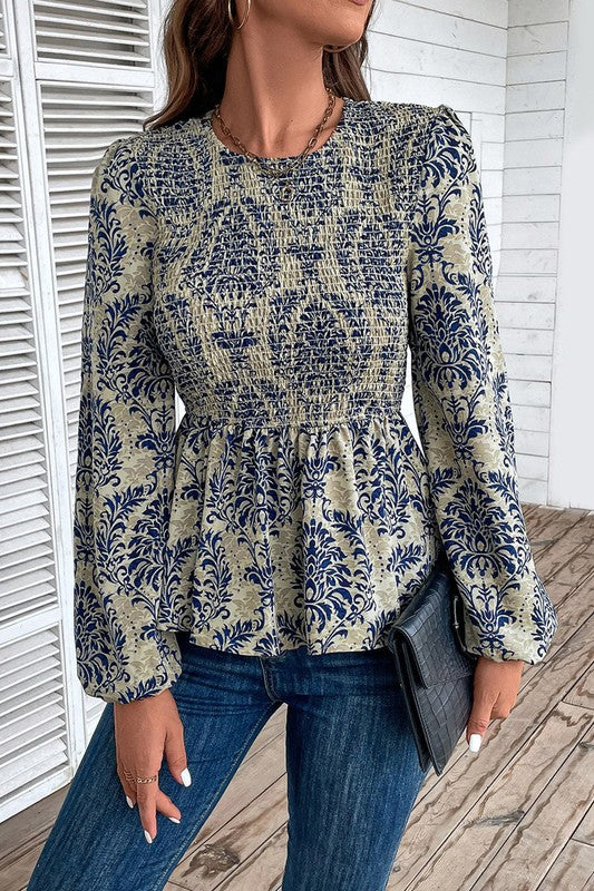Ethnic Print Balloon Sleeve Smocked Peplum Blouse — product image