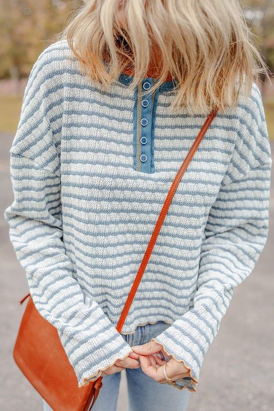 Stripe Textured Long Sleeve Henley Top — product image