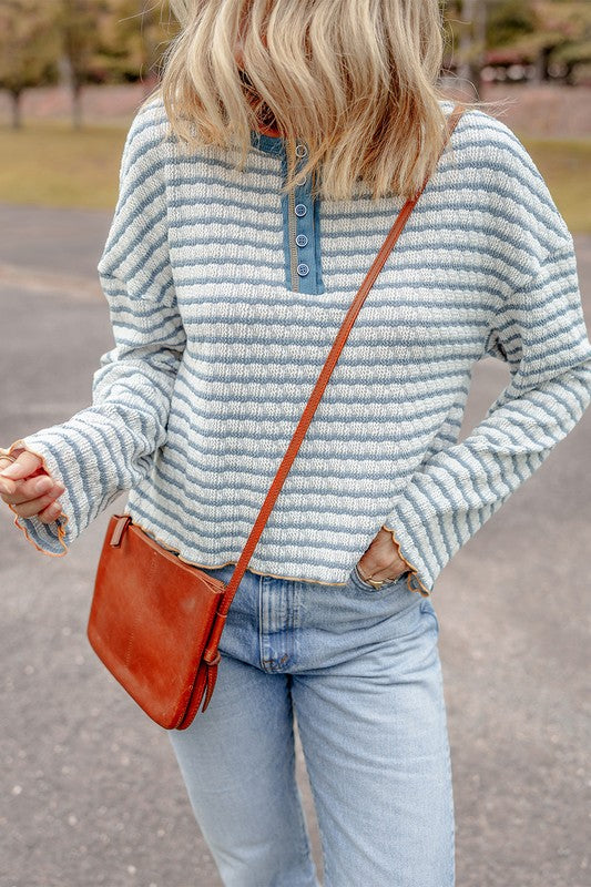 Stripe Textured Long Sleeve Henley Top — product image