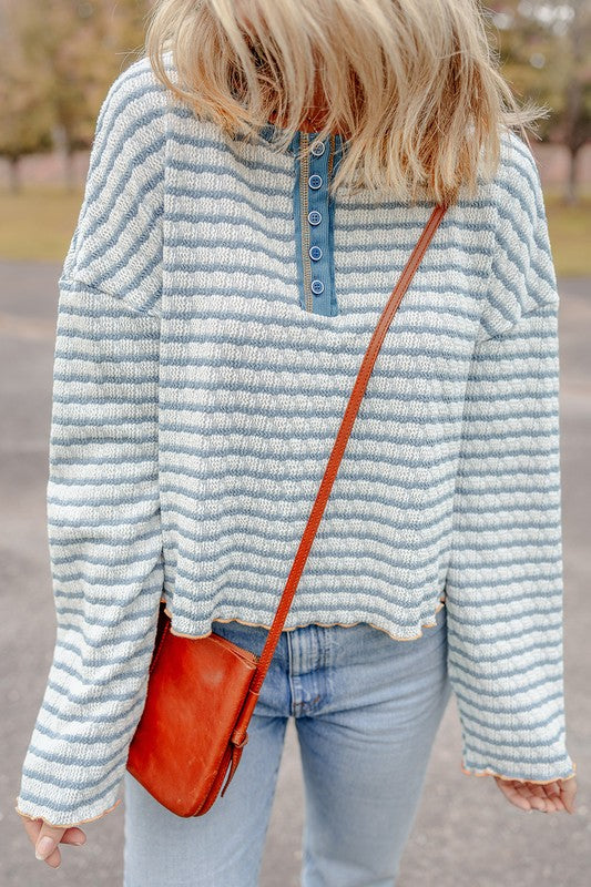 Stripe Textured Long Sleeve Henley Top — product image