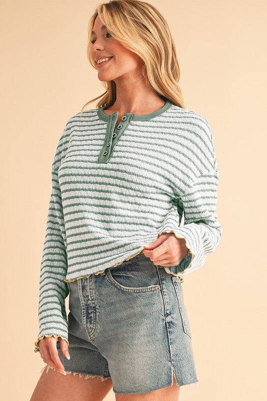 Stripe Textured Long Sleeve Henley Top — product image