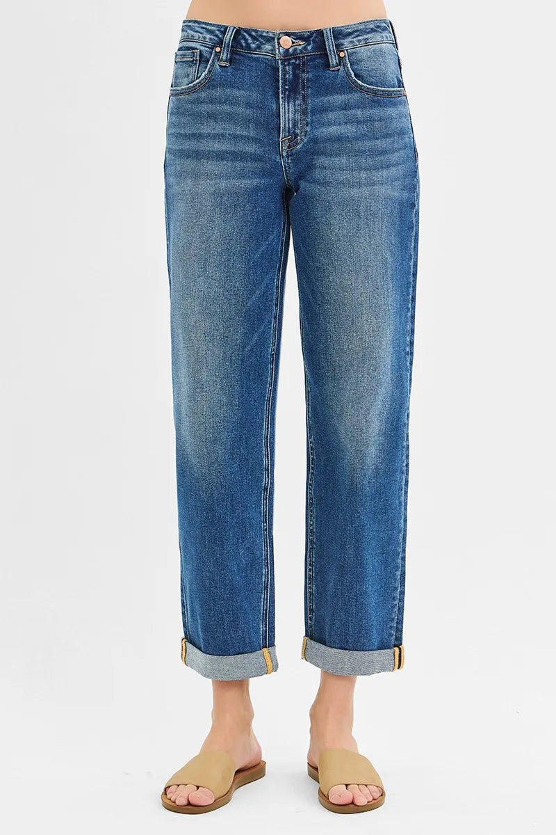 RISEN Full Size Mid Rise Boyfriend Roll Up Jeans Plus Size — product image