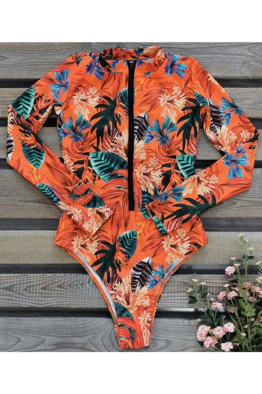 Leaf Floral Print Front Zip Long Sleeve Rash Guard — product image