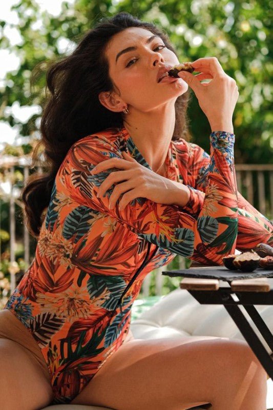 Leaf Floral Print Front Zip Long Sleeve Rash Guard — product image
