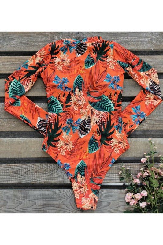 Leaf Floral Print Front Zip Long Sleeve Rash Guard — product image