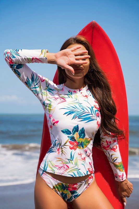 Floral Print Split Pullover Long Sleeve Rash Guard — product image