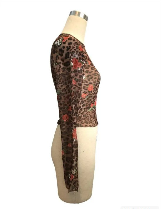 Cropped mesh ruffle hem floral leopard top — product image
