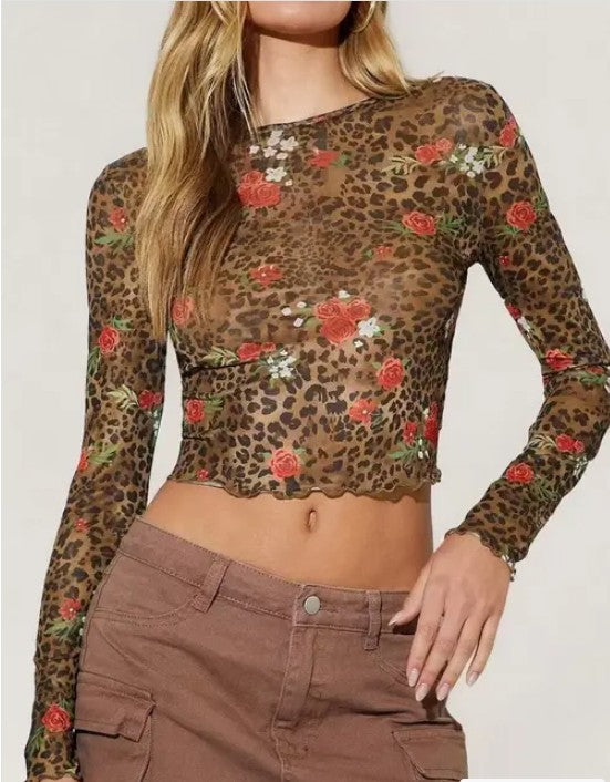 Cropped mesh ruffle hem floral leopard top — product image