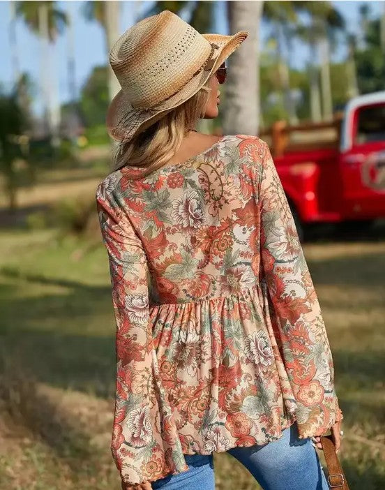 Western Printed Bell Sleeve Blouse — product image