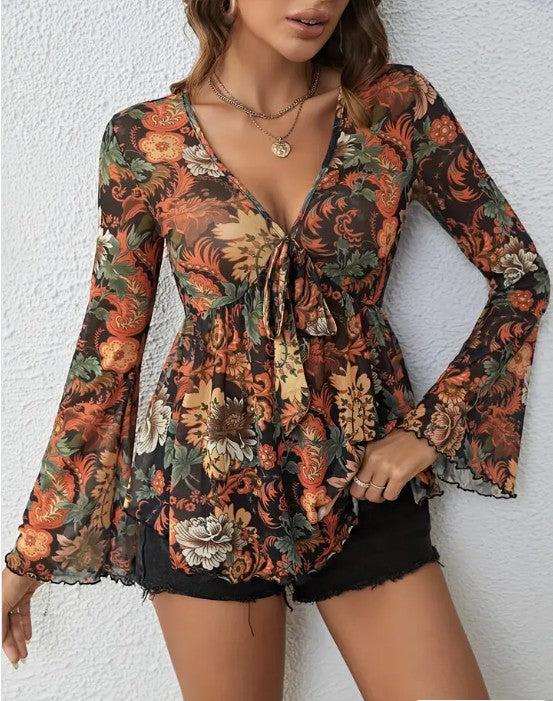 Western Printed Bell Sleeve Blouse — product image