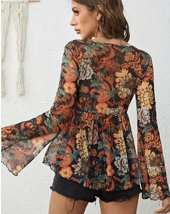 Western Printed Bell Sleeve Blouse — product image