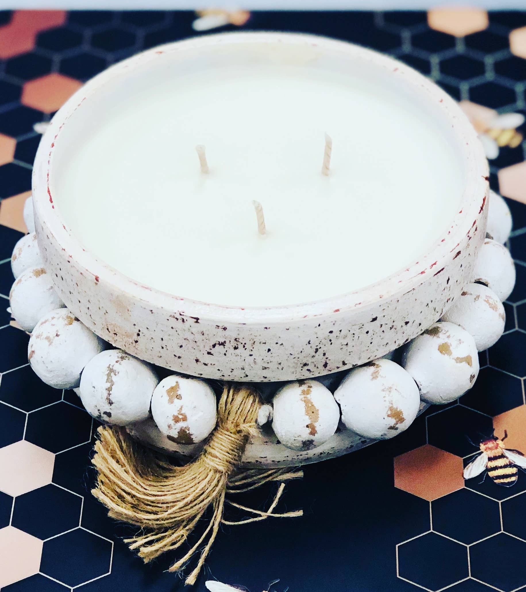 Pottery Bowl Candle with Clay Beads - Choose Your Scent: Lavender & Spring Apricot