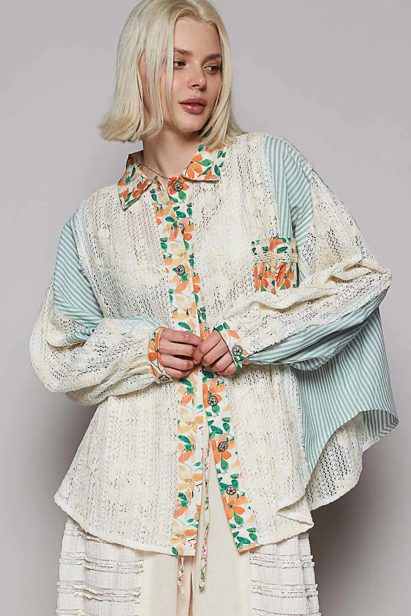 POL Lace Long Sleeve Shirt with Floral and Striped Pattern — product image