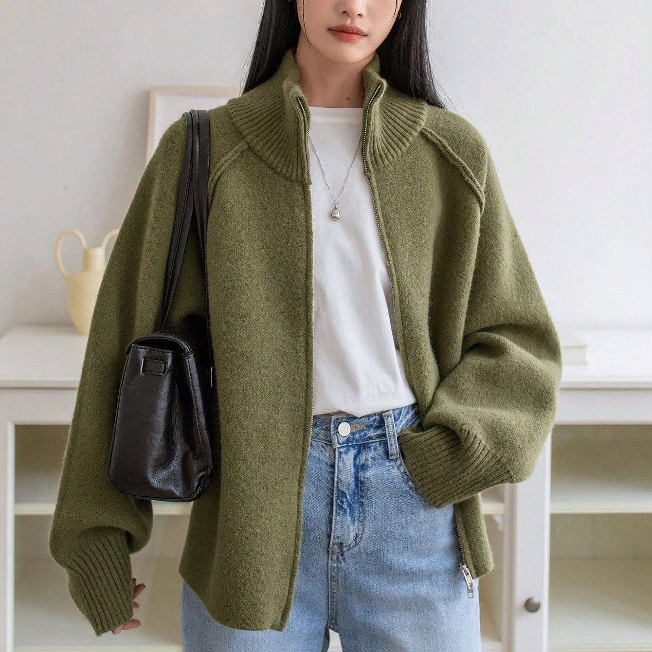Chic Knit Korean ZipUp Cardigan  2025 Style: Black / One Size (Fits US Men's 8.5-14).