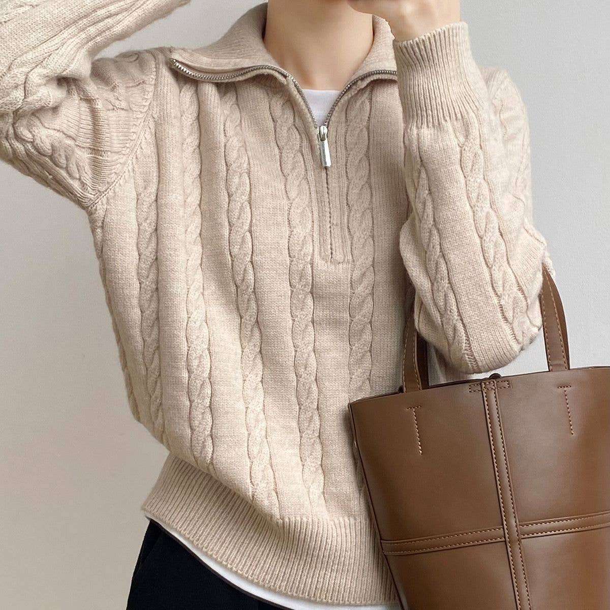 Chic Zip Collar Knit Top Effortless Style Cozy Warmth: Apricot / One Size.