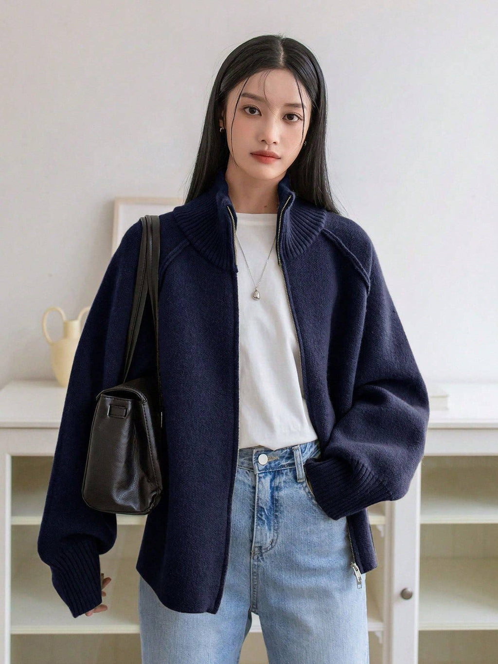Chic Knit Korean ZipUp Cardigan  2025 Style: Black / One Size (Fits US Men's 8.5-14).